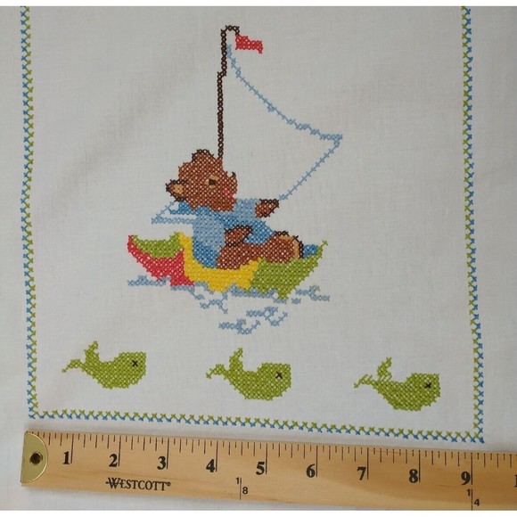 VTG Cross Stitched Baby Nursery Art Wall Decor Bear Plane Boat Completed - Picture 4 of 5